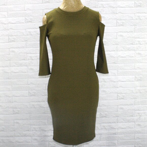 Forever 21 Dresses & Skirts - FOREVER 21 Dress Ribbed Knit Bodycon Form Fitted Cold Shoulder Column Olive S